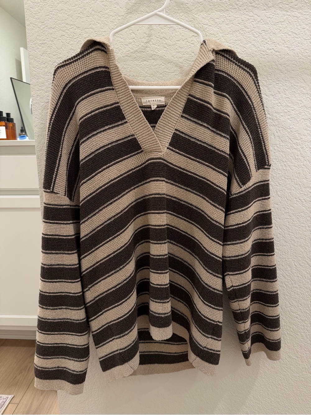 Promesa Striped V-Neck Sweater in Beige and Dark Brown